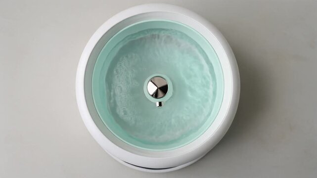 Overhead View of Cat's Water Bowl and Filter. Pet Care & Self-Care Rituals. A minimalist electric cat water fountain with fresh clear water gently flowing emphasizing hydration and hygiene.
