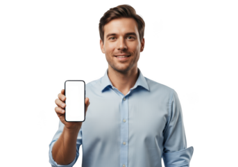Smiling young man in blue shirt holding up a blank smartphone screen for advertising or presentation purposes.