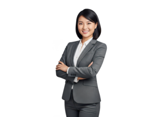 Confident Asian businesswoman in gray suit standing with arms crossed against transparent background, smiling at camera.