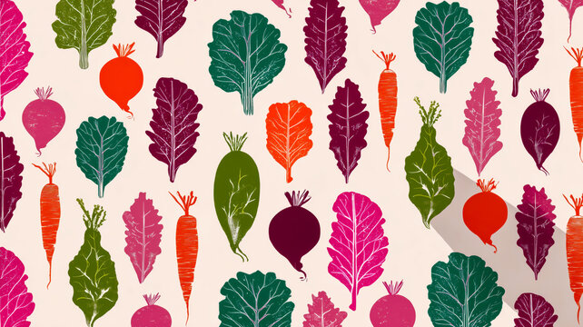 A lively pattern of colorful vegetables, including carrots and beets with their leaves, creates a vibrant and playful background.