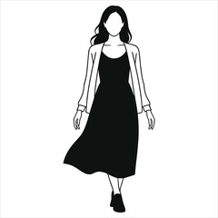 Spring Fashion Silhouette: Woman in Flowy Dress & Cardigan, Elegant Vector Art for Seasonal Design, Marketing, and Editorial Use — Minimalist, Stylish, Feminine, Trendy