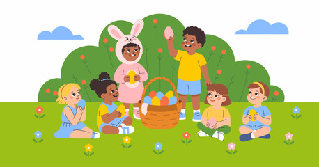 Obraz premium A diverse group of children gathers around a basket filled with colorful Easter eggs, embodying joy, togetherness, and excitement during their playful hunt.