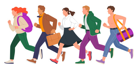 This vibrant image depicts a diverse group of young people running briskly, showcasing energy and urgency during a journey or daily commute in a lively urban setting.