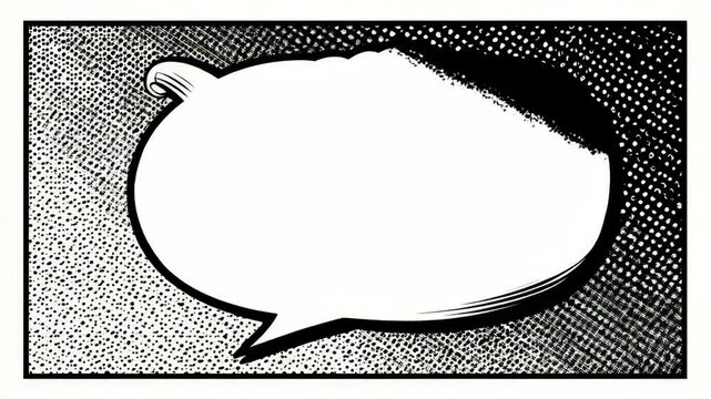 Comic speech bubble in black and white retro style, halftone texture background, classic pop art concept with empty text area