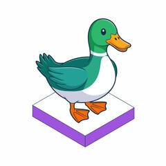 A cheerful cartoon duck standing on a platform, featuring bright colors and an engaging expression, symbolizing joy and playfulness in children's illustrations.