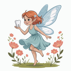 The enchanting image of a smiling tooth fairy holding a lost tooth surrounded by blooming flowers evokes feelings of magic, childhood wonder, and joy associated with growing up.