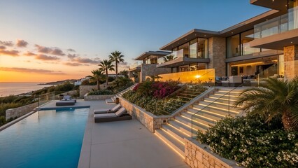 Obraz premium Beachfront Mansion with Glass Terraces, Sunset Pool View, and Illuminated Staircase