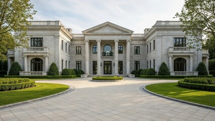 Obraz premium Grand Classical Mansion with Columns, Pediment, Circular Driveway, and Manicured Landscaping