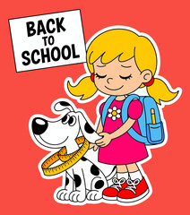 This vibrant illustration captures a young girl joyfully returning to school alongside her friendly dog, embodying themes of friendship and excitement for learning.