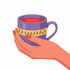 An artistic representation of a hand holding a beautifully designed cup filled with red tea, symbolizing warmth, comfort, and the joy of simple pleasures.