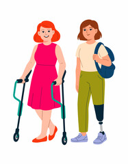 An empowering illustration of two women walking, one using a mobility aid, celebrating accessibility and friendship, emphasizing support and resilience in overcoming challenges.