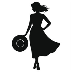 Elegant Silhouette of a Woman in a Flowing Spring Dress Holding a Sun Hat. Black Vector Illustration of a Girl with Wavy Hair for Summer Fashion, Travel, Vacation, and Minimalist Lifestyle Designs.