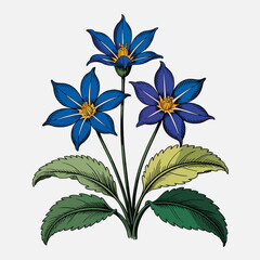 An artistic illustration of striking blue flowers with vibrant green leaves, symbolizing beauty, nature, and vitality that can brighten up any space.