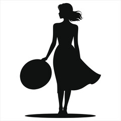 Spring fashion silhouette of girl holding a sun hat, flowing spring dress, elegant female figure vector illustration, minimal black icon for seasonal posters, cards, logos, decor for web and print use