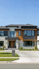 Modern Two-Story House with Stone, Wood, and Glass Facade in Upscale Residential Design