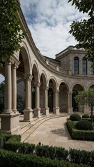 Fototapeta premium Stone Arch Colonnade with Garden Pathway and Classical Architecture