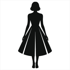 Elegant Silhouette of Woman in High-Waist Spring Dress with Pleats. Vintage Style Fashion Vector Illustration for Summer Apparel, Feminine Design, Wedding Guest Attire, and Chic Seasonal Graphics.