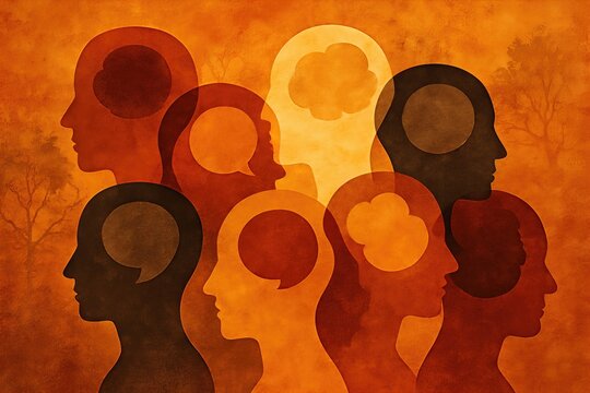 Abstract representation of interconnected human thoughts and emotions illustrated through layered silhouettes in warm colors symbolizing introspection and cognitive synergy