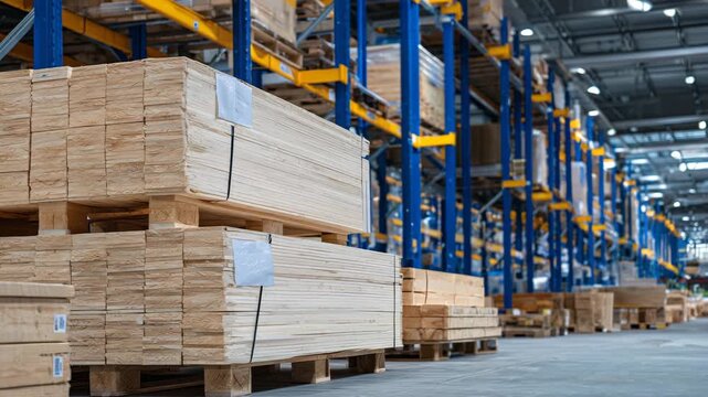 83Clean, modern warehouse environment showing orderly stacks of construction timber and plywood boards on metal shelves, symbolizing precision and productivity