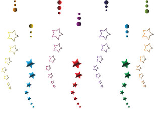 Colorful star trails and dotted circles arranged vertically on white background abstract graphic design, vertical star patterns, abstract multicolor stars
