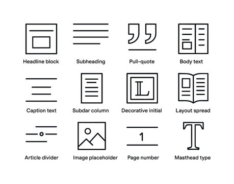 Magazine Icon Typography. Magazine typography. Line icon set of