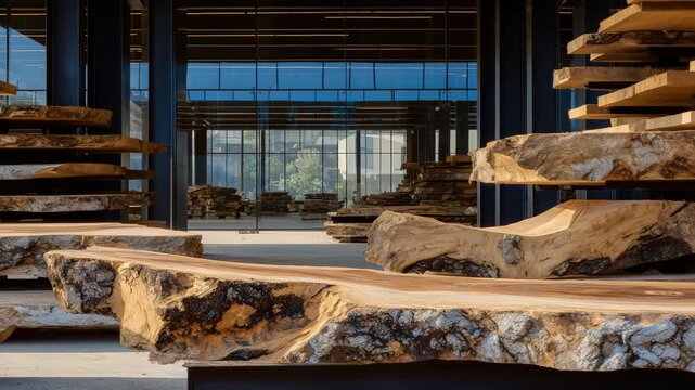 85Interior of a woodworking warehouse with wooden slabs stacked horizontally on galvanized steel frames, creating a balance of natural and industrial aesthetics