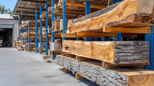 87Interior of a woodworking warehouse with wooden slabs stacked horizontally on galvanized steel frames, creating a balance of natural and industrial aesthetics