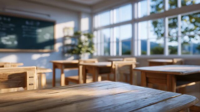 88Serene empty classroom with neatly arranged wooden desks facing a classic blackboard, soft morning sunlight streaming through tall windows casting gentle shadows