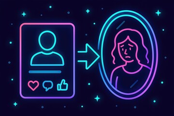 Digital identity transformation illustrating a profile morphing into an introspective portrait under cosmic lighting showcasing emotional connectivity and self reflection