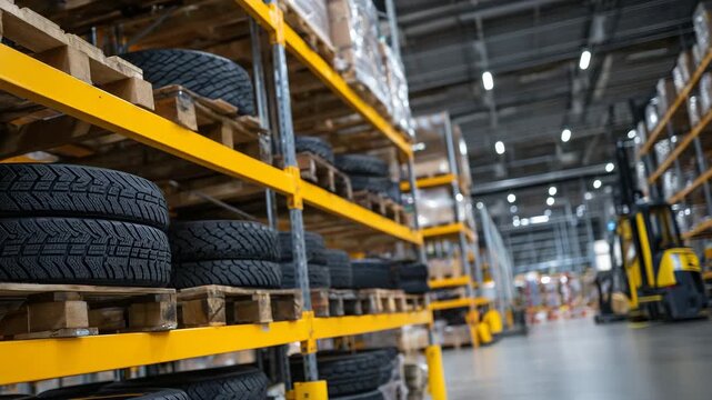 104An organized display of warehouse shelving painted bright yellow, packed with large industrial tires, dramatic lighting bringing out rich blacks, subtle textures, and structural pr