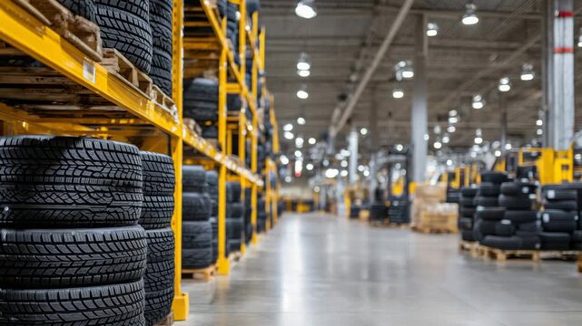 103A vibrant and busy scene inside a tire storage facility, yellow shelving filled with countless stacked tires, creating a dynamic pattern of circles and lines under evenly distribut
