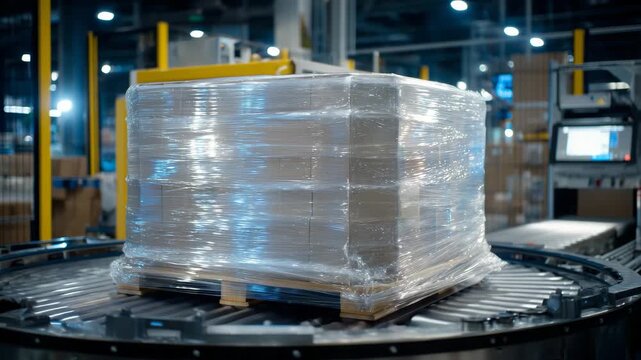 106A high-tech warehouse environment with a robotic wrapping machine rotating a pallet, transparent stretchwrap pulled taut around the boxes, reflections shimmering on the tight film