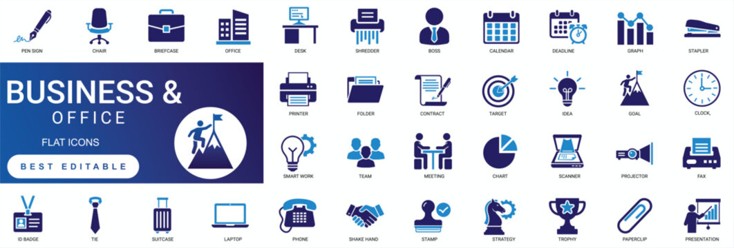Business office solid icon set featuring corporate teamwork meeting, finance management report, project strategy chart, and employee workspace vector symbols