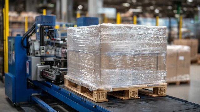 111A detailed medium view of robotic packaging equipment, the film stretching to maximum tension as it wraps the pallet, box edges pressing visibly against the taut transparent layers