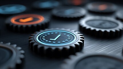 A glowing blue checkmark on a detailed metallic gear symbolizing quality assurance and selection
