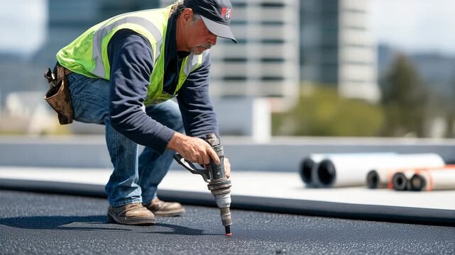 119A rooftop under vibrant daylight, a technician heatwelding TPO roofing sheets, molten seam glimmering slightly, edges perfectly aligned, with tools and rolled sheets in the backgro