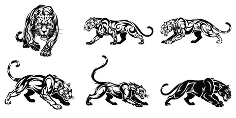 A collection of detailed tribal panther designs in a bold black and white style perfect for tattoos branding and graphic art