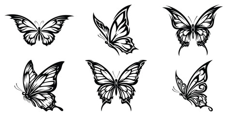 Obraz premium A collection of six intricate butterfly illustrations featuring varied designs in elegant black and white vector art