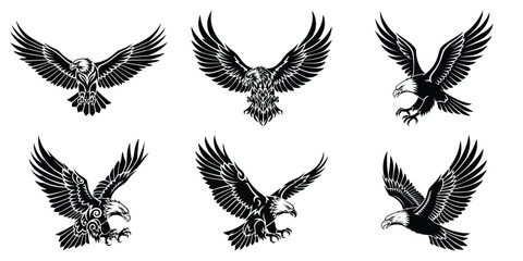 A collection of six intricate eagle silhouettes in flight with wings outstretched various angles and positions