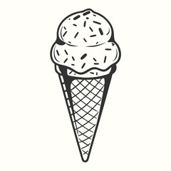 Monochrome line art shows creamy vanilla ice cream decorated with chocolate sprinkles in a waffle cone