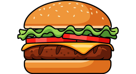 Cartoon hamburger with cheese, lettuce, and tomato