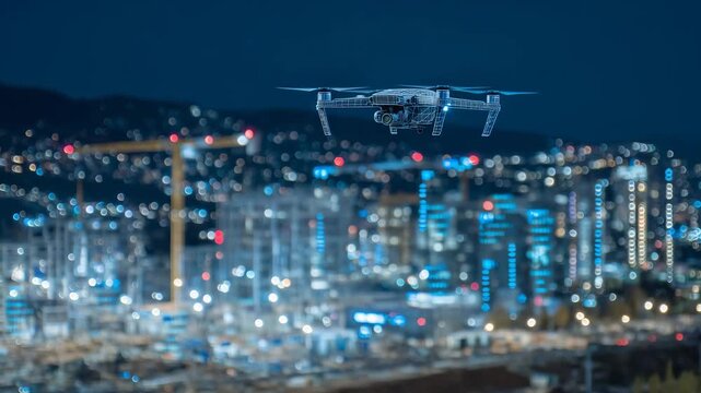 134Medium shot of an infrared drone surveying a commercial building project at night, digital permits displayed as floating data points, equipment and workers glowing in thermal visio