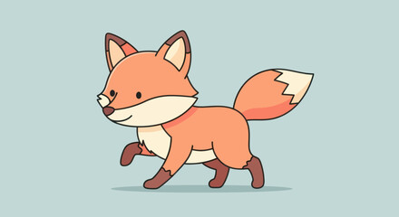 Cute cartoon fox walking, isolated on a light blue background.