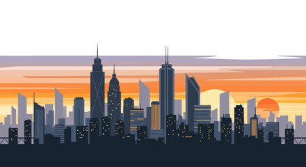 Stylized city skyline at sunset with warm orange hues.