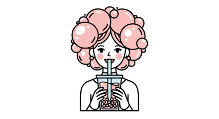 Woman with bubble tea hair drinks bubble tea