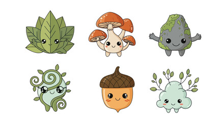 Cute kawaii nature elements with faces, including a leaf, mushrooms, acorn, and stone. © A B I G A I L