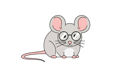 A cute cartoon mouse with glasses sitting on a white background.