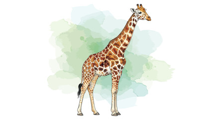 A giraffe with distinctive markings stands against a green watercolor background.