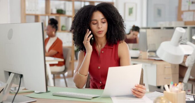 Phone call, documents and computer with business woman for planning, editor feedback and contact. Virtual advisor, story fact check and communication with person in media agency for project paperwork