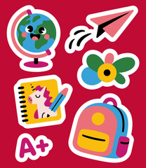 A collection of vibrant and playful stickers depicting fun icons like a globe, unicorn, and backpack, perfect for kids&rsquo; craft projects, inspiring creativity and imagination.